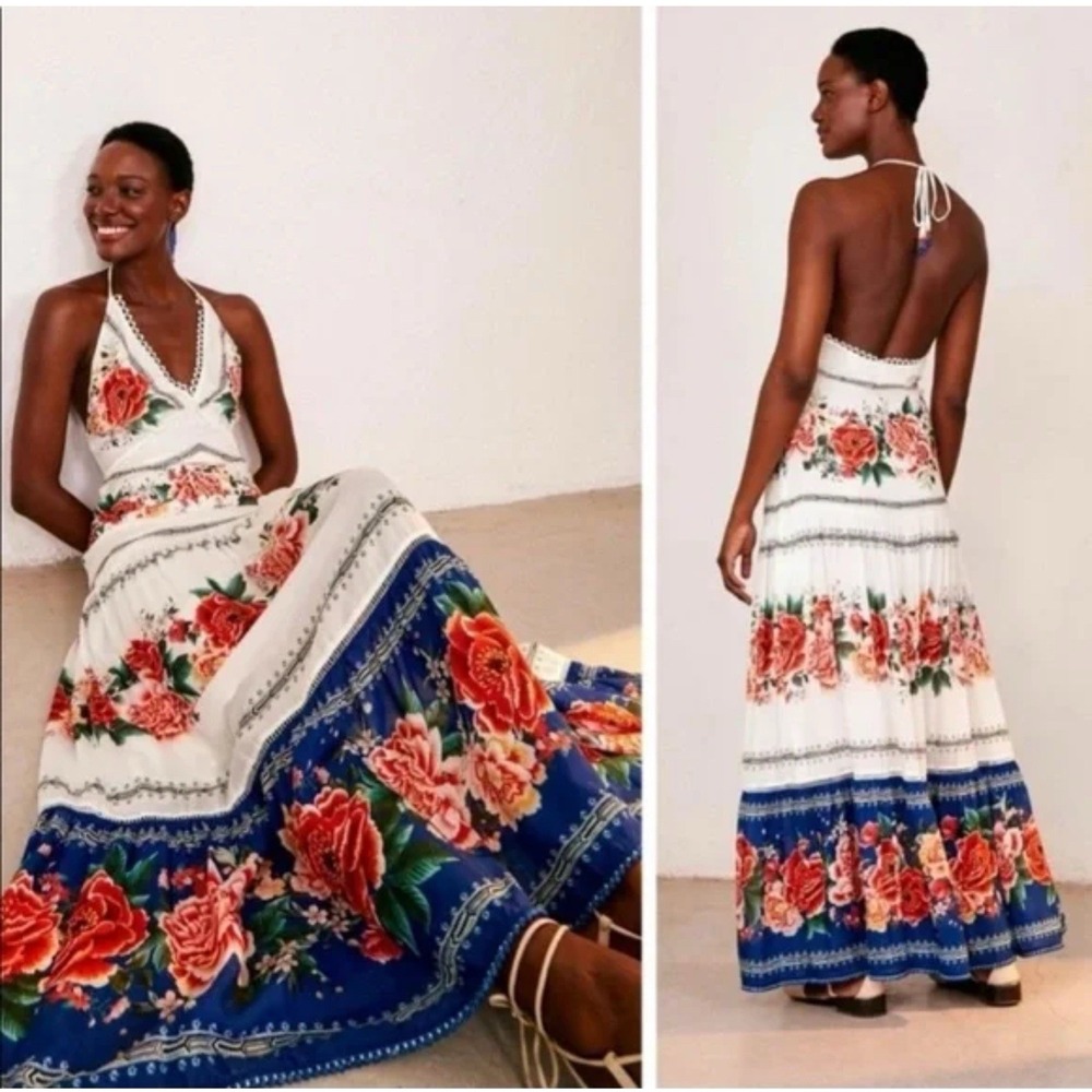 FARM Rio Vibrant Floral Maxi Dress in White and Blue